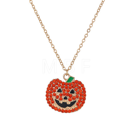 Halloween Alloy Rhinestone Enamel Pumpkin Pendant Necklaces for Unisex WG8A995-01-1