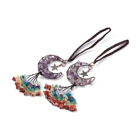 Natural Amethyst Moon with Mixed Gemstone Chips Tassel Pendant Decorations G-L524-07R-A05-1