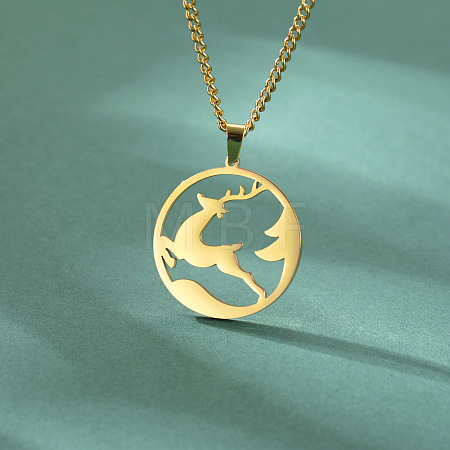 304 Stainless Steel Ring with Christmas Deer Pendant Necklaces for Unisex WG02D74-02-1