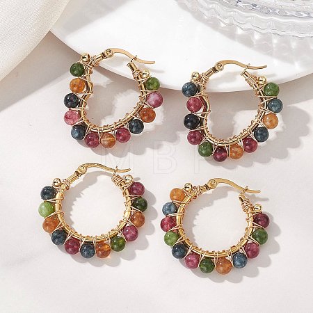 2 Pairs 2 Styles Natural Green Jade Imitation Tourmaline Beaded Hoop Earrings EJEW-JE06943-1