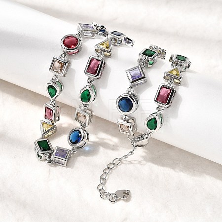 Brass Pave Colorful Cubic Zirconia Geometric Link Chain Necklaces NJEW-P337-01P-1