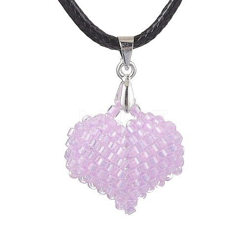 3D Heart Glass Seed Beads Pendant Necklaces NJEW-MZ00046-02-1