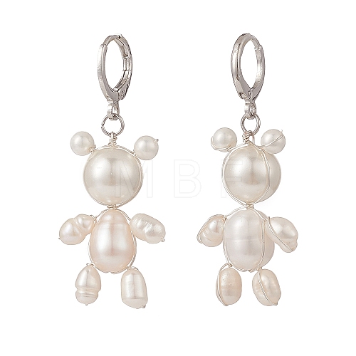 Natural Pearl Bear Dangle Leverback Earrings EJEW-TA00155-1