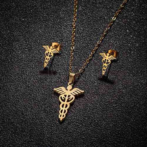 Stainless Steel Medical Symbol Caduceus Stud Earrings & Pendant Necklaces Sets for Women PW-WG4042D-03-1