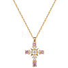 304 Stainless Steel Pave Pink Cubic Zirconia & Faux Pearl Cross Pendant Necklaces for Women WGAE7D3-01-4