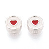 925 Sterling Silver Enamel Flat Round with Red Heart Beads STER-T009-22S-1