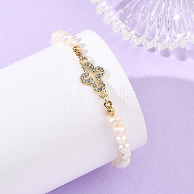 Alloy Crystal Rhinestone Religion Cross Link Natural Freshwater Pearl Potato Beaded Bracelets for Women BJEW-JB14369-1