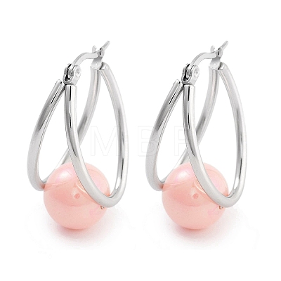 304 Stainless Steel & Plastic Imitation Pearl Oval with Ball Hoop Earrings for Women EJEW-C096-13P-06-1