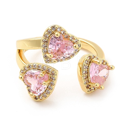 Pink Cubic Zirconia Triple Heart Open Cuff Ring RJEW-E064-06G-01-1