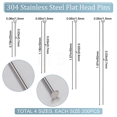 800Pcs 4 Styles 304 Stainless Steel Flat Head Pins STAS-BBC0003-10-1