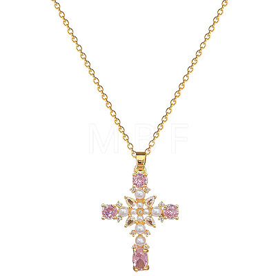 304 Stainless Steel Pave Pink Cubic Zirconia & Faux Pearl Cross Pendant Necklaces for Women WGAE7D3-01-1