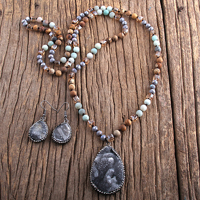 Teardrop Bohemian Style Glass with Natural Picture Jasper Pendant Necklace & Dangle Earrings Sets FS-WG0DE9F-04-1