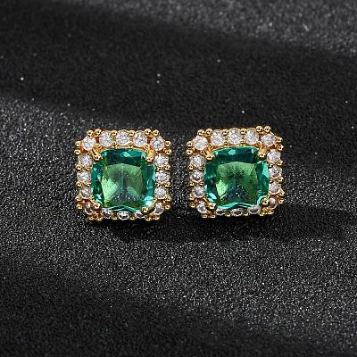 Brass Micro Pave Green Cubic Zirconia Stud Earrings for Women EJEW-F418-19G-1