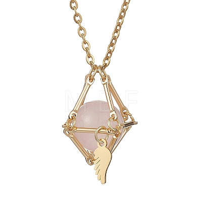 Brass Macrame Pouch Natural Rose Quartz Inside & 304 Stainless Steel Pendant Necklaces for Women NJEW-JN05607-02-1