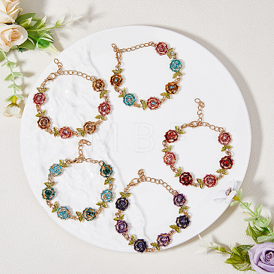 FIBLOOM 5Pcs 5 Colors Alloy Rose Link Chain Bracelets Set with Rhinestone BJEW-FI0001-63-1