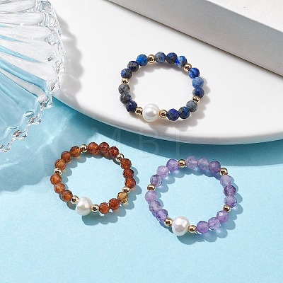 3Pcs Natural Lapis Lazuli/Garnet/Amethyst with Plastic Pearl with Glass Braided Beaded Finger Rings RJEW-JR00671-1