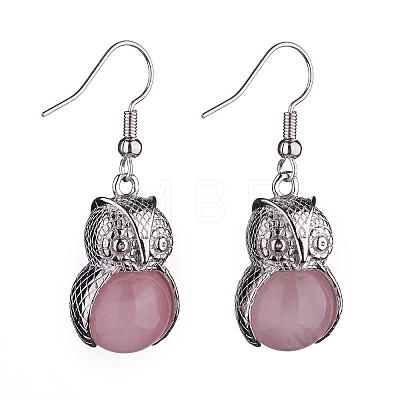 Natural Rose Quartz Owl Dangle Earrings EJEW-A092-08P-04-1