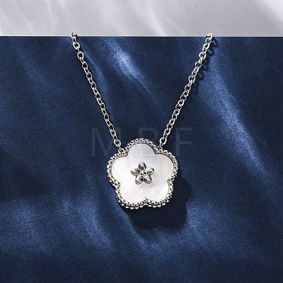 304 Stainless Steel Pave Natural White Shell Flower Pendant Necklaces for Women NJEW-U032-16P-03-1