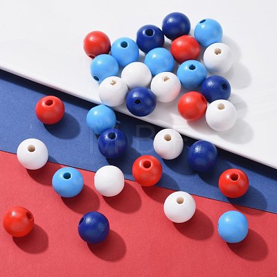 160 Pcs 4 Colors 4 July American Independence Day Painted Natural Wood Round Beads WOOD-LS0001-01D-1