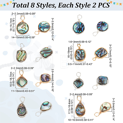   16Pcs 8 Styles Natural Abalone Shell/Paua Shell Pendants FIND-PH0008-89-1