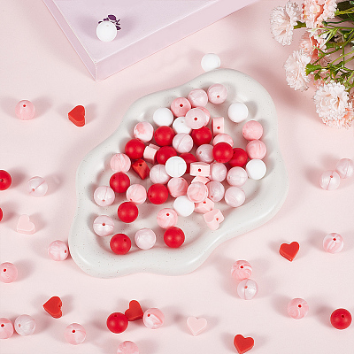 150Pcs 6 Styles Round & Heart Silicone Beads SIL-PA0001-37-1