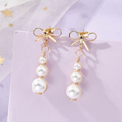 Bowknot Shell Pearl Tassel Stud Earrings EJEW-JE06882-1