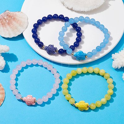 Dyed Natural Jade and Sea Turtle Porcelain Bead Stretch Bracelets for Women BJEW-JB09994-1
