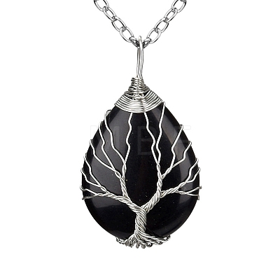 Natural Black Agate Teardrop Pendant Necklace PW-WG91066-08-1