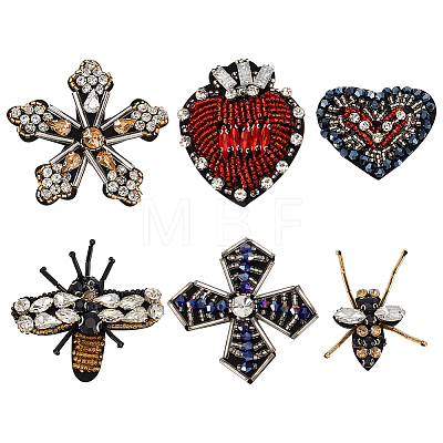 GOMAKERER 6Pcs 6 Style Bees Flower Heart Handicraft Acrylic Beaded Appliques PATC-GO0001-07-1