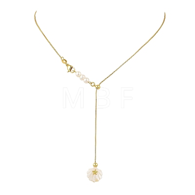 Summer Beach Natural Pearl Brass Box Chain Lariat Necklaces NJEW-JN06595-1