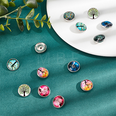 30pcs 10 color Platinum Plated Brass Glass Flat Round with Tree Jewelry Snap Buttons SNAP-SC0001-01-NR-1