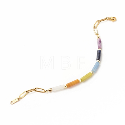 Natural Mixed Gemstone Curved Tube Beaded Bracelet with 304 Stainless Steel Paperclip Chains BJEW-JB08128-1