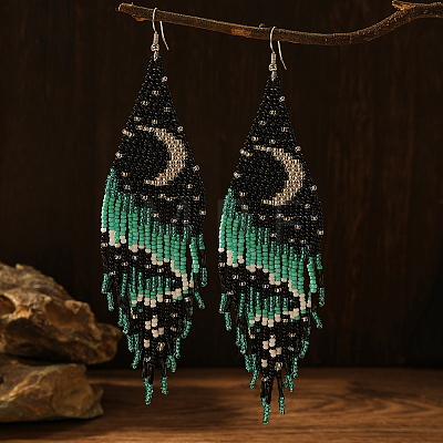 Bohemian Style Moon Pattern Glass Bead Handmade Dangle Earrings for Women DD4276-1