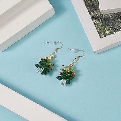 Glass Braided Beaded Christmas Tree Dangle Earrings EJEW-JE05151-01-1