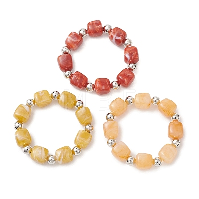 3Pcs Two Tone Acrylic & CCB Plastic Cuboid Beaded Stretch Bracelets for Women BJEW-JB13302-01-1