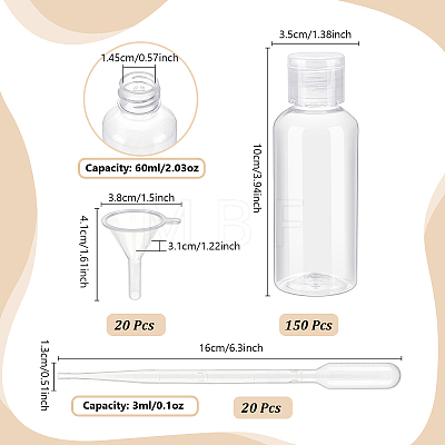 150Pcs PET Plastic Travel Refillable Bottles with 20Pcs Transparent Plastic Funnel Hopper AJEW-WA0004-24-1