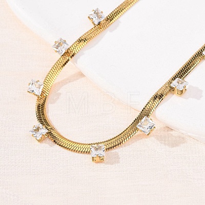 304 Stainless Steel Flat Snake Chain Necklaces with Square Cubic Zirconia NJEW-P355-02G-01-1