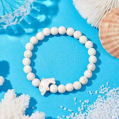 Synthetic Turquoise Dolphin Beads with Synthetic Turquoise Beaded Stretch Bracelets BJEW-JB10213-04-1