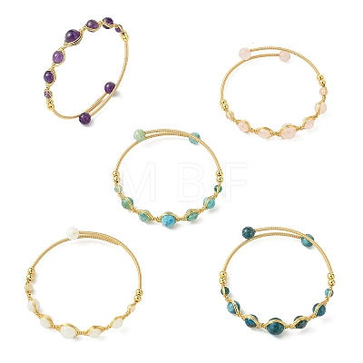 Herringbone Wire-Wrapped Natural Mixed Gemstone Brass Cuff Bangles BJEW-JB14039-1