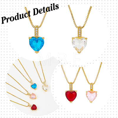 ANATTASOUL 4Pcs 4 Colors Cubic Zirconia Heart Pendant Necklaces Set with Golden Brass Box Chains NJEW-AN0001-78-1