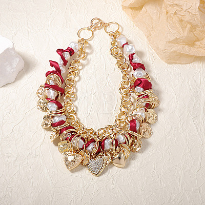 Imitation Pearl Nuggets Beaded and Printed Polyester Cord Alloy Crystal Rhinestone Heart Pendant Bib Necklaces for Women FS-WGED0B9-01-1