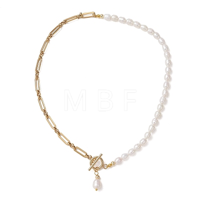 304 Stainless Steel Figaro Chain Natural Cultured Freshwater Pearl Rice Beaded Necklaces with OT Clasps NJEW-JN05959-01-1