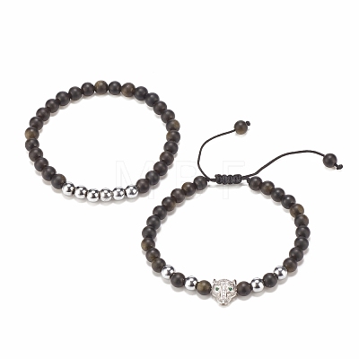 2Pcs 2 Style Natural Obsidian & Synthetic Hematite Braided Bead Bracelets Set with Cubic Zirconia Leopard BJEW-JB08119-03-1