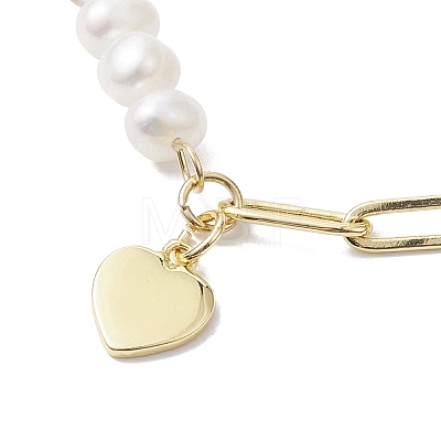 Natural Cultured Freshwater Pearl Beads Paperclip Chains Heart Charm Bracelets with Toggle Clasps for Women BJEW-JB10191-1