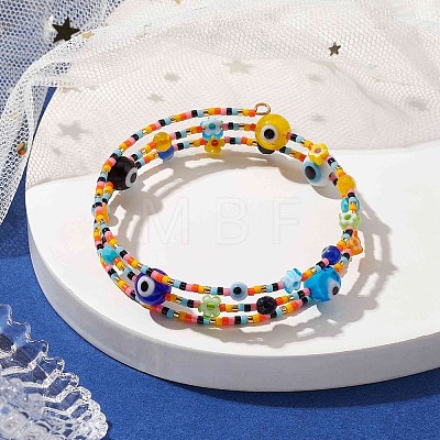 Evil Eye Lampwork & Glass Seed Bead Wrap Bracelet with Steel Wire BJEW-MZ00052-1