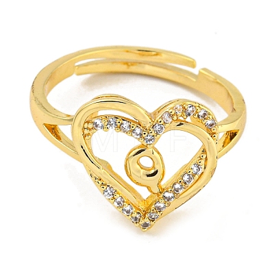 Heart with Letter Rack Plating Brass Micro Pave Clear Cubic Zirconia Adjustable Rings for Women RJEW-I105-01G-Q-1