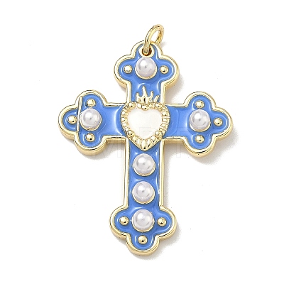 Brass Enamel with ABS Plastic Imitation Pearl Pendants KK-Z153-16G-02-1