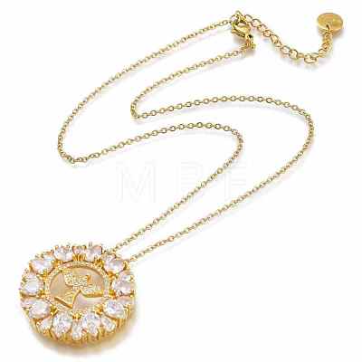 Brass Micro Pave Clear Cubic Zirconia Flat Round with Bird Pendant Necklaces NJEW-H202-03G-1