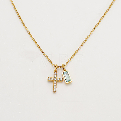 304 Stainless Steel Pave Cubic Zirconia March Birth Stone Religion Cross and Rectangle Pendant Necklaces WG51992-01-1