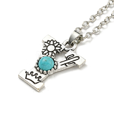 Letter A~Z Antique Silver Plated Alloy with Synthetic Turquoise Pendant Necklaces NJEW-G080-01Y-1
